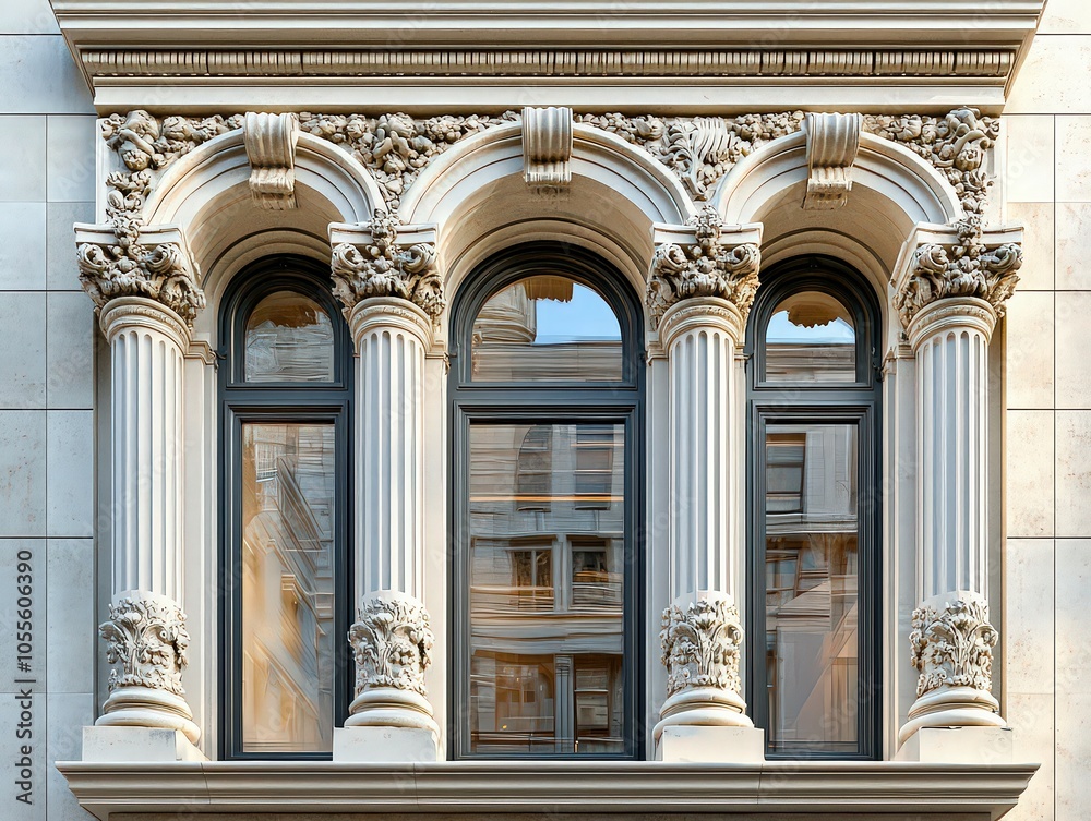 Elegant arched windows with decorative columns and carvings on classical building facade, showcasing intricate historic architectural style. Elegant arched windows with decorative columns and carvings on classical building facade, showcasing intricate historic architectural style.