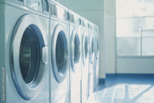 Bright and modern laundromat featuring multiple coin-operated washing machines for public use photo