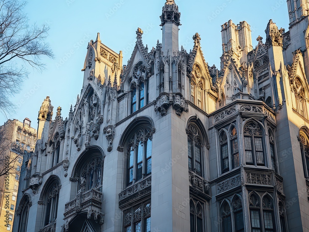 Obraz premium Neo-Gothic facade with towering spires, stone gargoyles, and pointed arches; detailed tracery creates a cathedral-like feel, echoing historical grandeur.