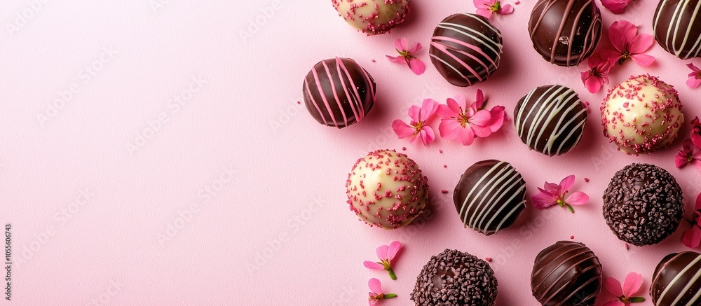 Chocolate Truffles On A Pink Background Decorated With Pink Flowers Top View Copy Space Place For Design Minimalism Selective Focus Chocolate Truffles On A Pink Background Decorated With Pink Flowers Top View Copy Space Place For Design Minimalism Selective Focus