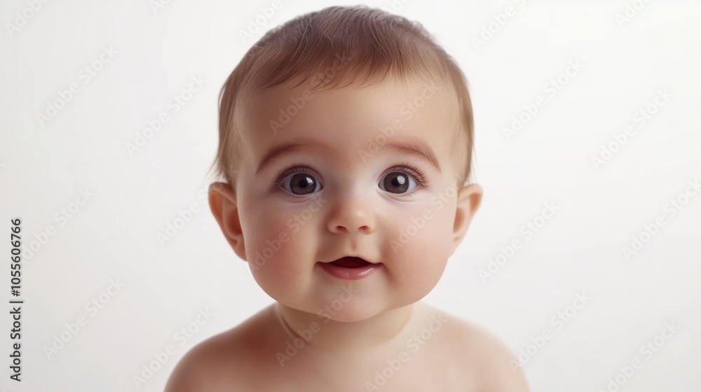 Adorable baby with curious gaze, wide eyes, and round face, appearing calm and lovable, isolated on white Adorable baby with curious gaze, wide eyes, and round face, appearing calm and lovable, isolated on white