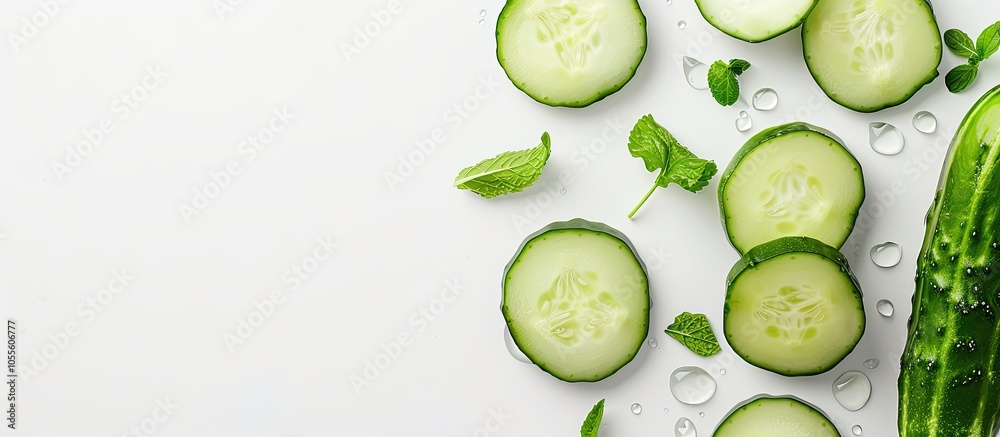 Cucumber whole and sliced on a white background with copy space image Cucumber whole and sliced on a white background with copy space image