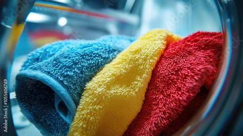 Towels in a washing machine with detergent photo