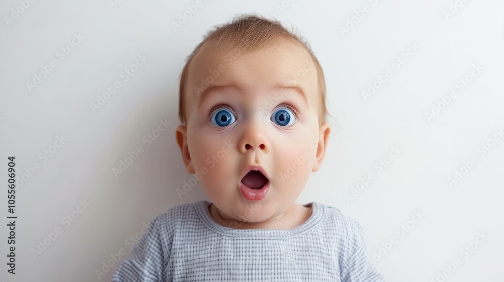 Adorable baby with surprised expression, big blue eyes, and round cheeks, looking curious, isolated on white Adorable baby with surprised expression, big blue eyes, and round cheeks, looking curious, isolated on white