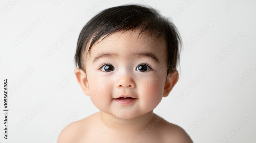 Adorable baby with wide eyes and round cheeks, gazing curiously at the camera, capturing innocence, isolated on white Adorable baby with wide eyes and round cheeks, gazing curiously at the camera, capturing innocence, isolated on white