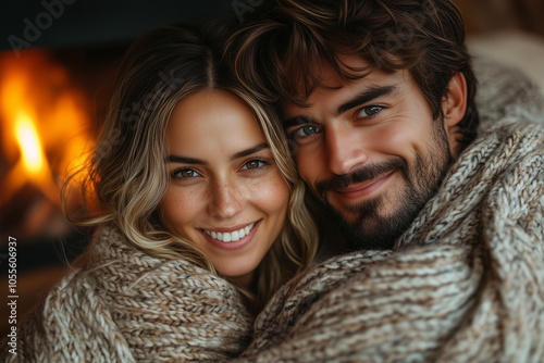 Cozy couple cuddling on a couch with blankets by a warm fireplace during a winter evening