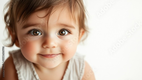 Adorable baby with wide eyes and round cheeks, gazing curiously at the camera, capturing innocence, isolated on white