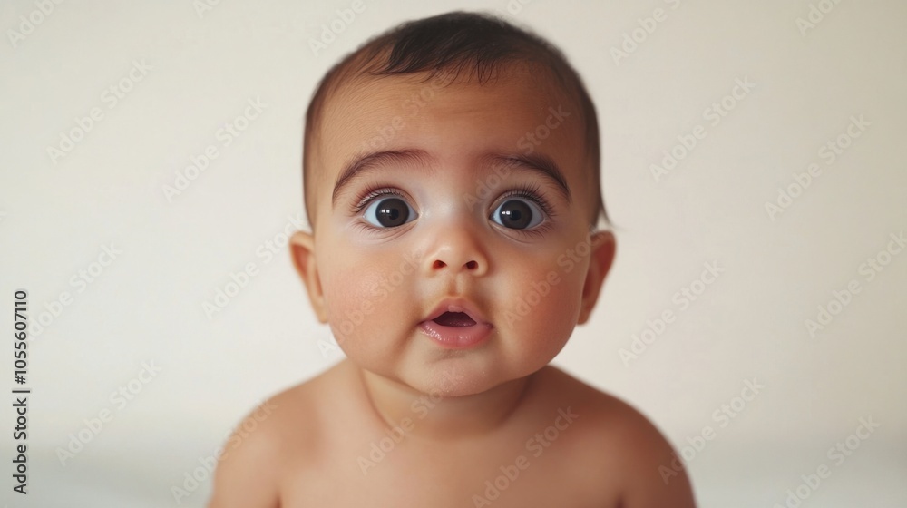 Adorable baby with wide eyes and round cheeks, gazing curiously at the camera, capturing innocence, isolated on white Adorable baby with wide eyes and round cheeks, gazing curiously at the camera, capturing innocence, isolated on white