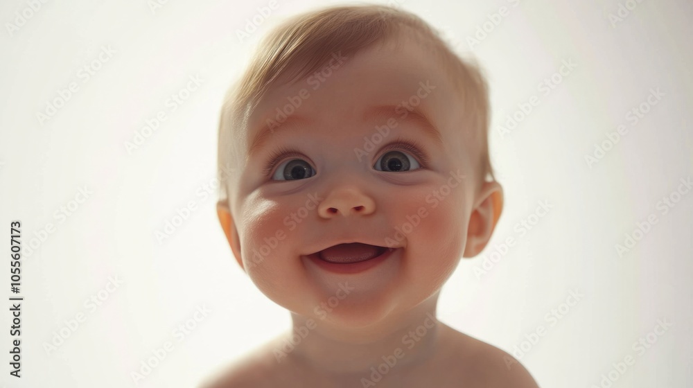 Adorable baby with wide eyes, round face, and tiny smile, appearing curious and happy, isolated on white Adorable baby with wide eyes, round face, and tiny smile, appearing curious and happy, isolated on white