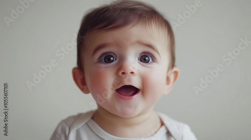 Adorable baby with wide eyes, round face, and tiny smile, appearing curious and happy, isolated on white