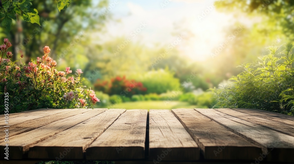 Empty wooden table with a blurred garden background and bright sky Ideal template for showcasing products Empty wooden table with a blurred garden background and bright sky Ideal template for showcasing products