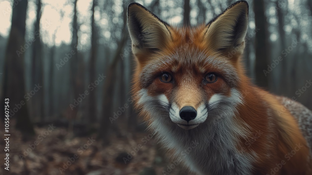 Close up of a red fox in a forest showcasing the predatory animal s gaze directed towards the camera Close up of a red fox in a forest showcasing the predatory animal s gaze directed towards the camera