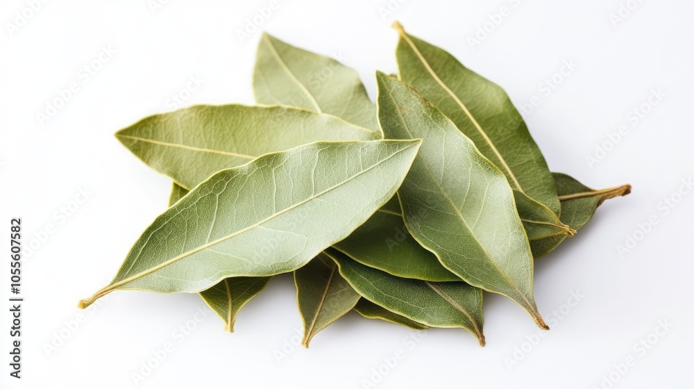 Round aromatic bay leaves displayed on a white background Round aromatic bay leaves displayed on a white background
