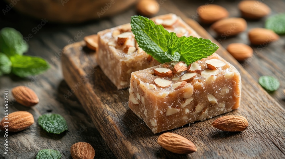 Classic Halva with Almonds and Fresh Mint from the Middle Eastern culinary tradition Classic Halva with Almonds and Fresh Mint from the Middle Eastern culinary tradition