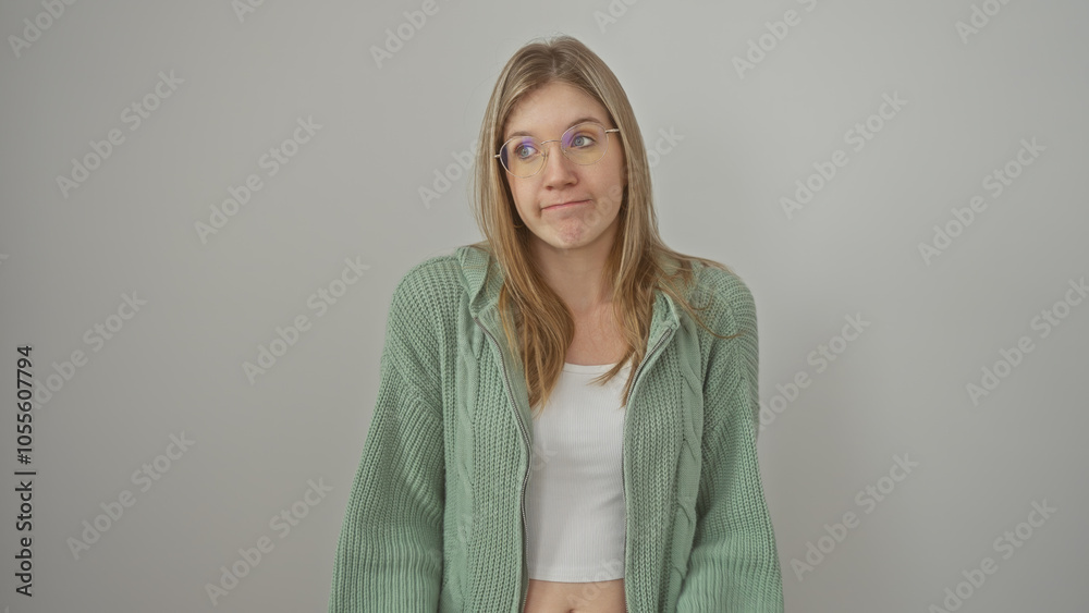 Obraz premium Young blonde woman in glasses and green sweater posing with a neutral expression against a white isolated background