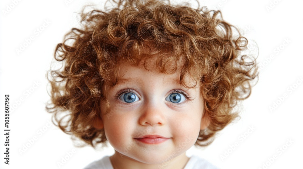 Baby with curly hair, bright eyes, and tiny nose, looking directly into the camera, appearing happy, isolated on white Baby with curly hair, bright eyes, and tiny nose, looking directly into the camera, appearing happy, isolated on white