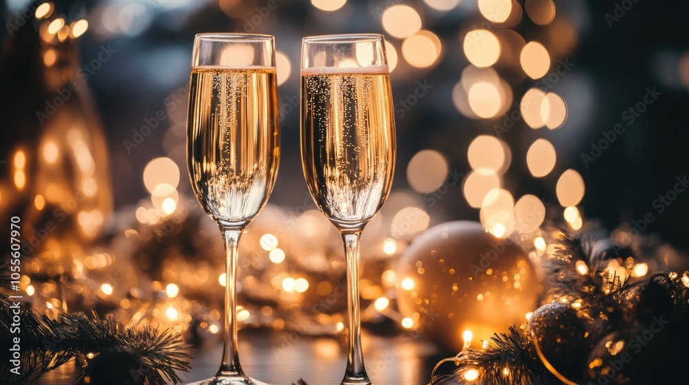 Champagne flutes set amidst festive light decorations