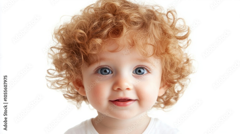 Baby with curly hair, bright eyes, and tiny nose, looking directly into the camera, appearing happy, isolated on white Baby with curly hair, bright eyes, and tiny nose, looking directly into the camera, appearing happy, isolated on white