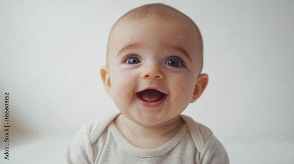 Baby with round cheeks, small smile, and wide-eyed look, showing curiosity and cuteness, isolated on white Baby with round cheeks, small smile, and wide-eyed look, showing curiosity and cuteness, isolated on white