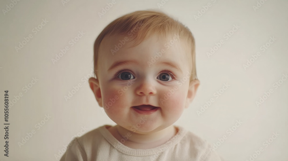 Baby with round cheeks, small smile, and wide-eyed look, showing curiosity and cuteness, isolated on white Baby with round cheeks, small smile, and wide-eyed look, showing curiosity and cuteness, isolated on white