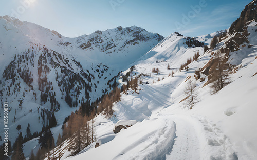 Snowy mountain landscape with brown trees and a bright blue sky perfect for winter and nature themes 