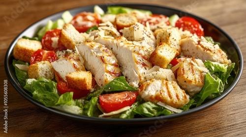 Chicken fillet Caesar salad featuring tomatoes croutons and parmesan served on a plate against a rustic wooden backdrop captured in close up