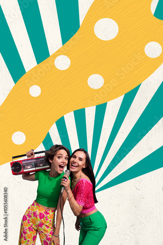 Vertical poster collage young two besties girls sing party disco celebrate event performance boombox music song audio leisure karaoke photo