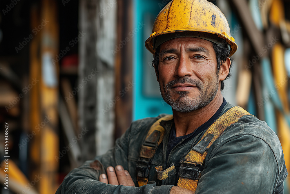 Middle-aged Hispanic man in work attire smiles confidently on a construction site during the day Middle-aged Hispanic man in work attire smiles confidently on a construction site during the day
