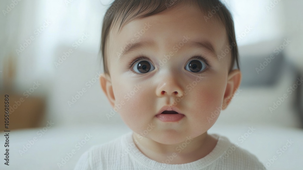 Baby with sparkling eyes, tiny lips, and round cheeks, looking directly into the camera, isolated on white Baby with sparkling eyes, tiny lips, and round cheeks, looking directly into the camera, isolated on white