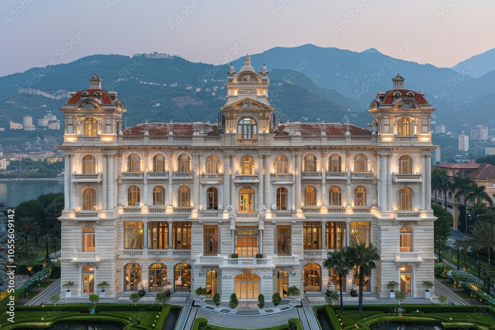 Fototapeta premium Stunning architectural masterpiece of an ornate historical building nestled against a backdrop of picturesque mountains and serene landscape