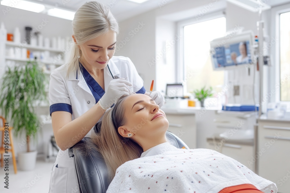 A beauty technician performs a skincare procedure on a relaxed client in a contemporary salon. The welcoming environment features bright natural light and a clean workspace, enhancing the overall expe