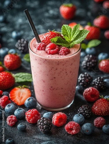 A vibrant berry smoothie sits in a clear glass, topped with a strawberry and mint. Surrounding it are an array of fresh strawberries, raspberries, blackberries, and blueberries on a dark, textured sur photo