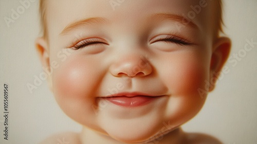 Close-up of a happy baby with tiny teeth, chubby cheeks, and bright smile, looking joyful, isolated on white