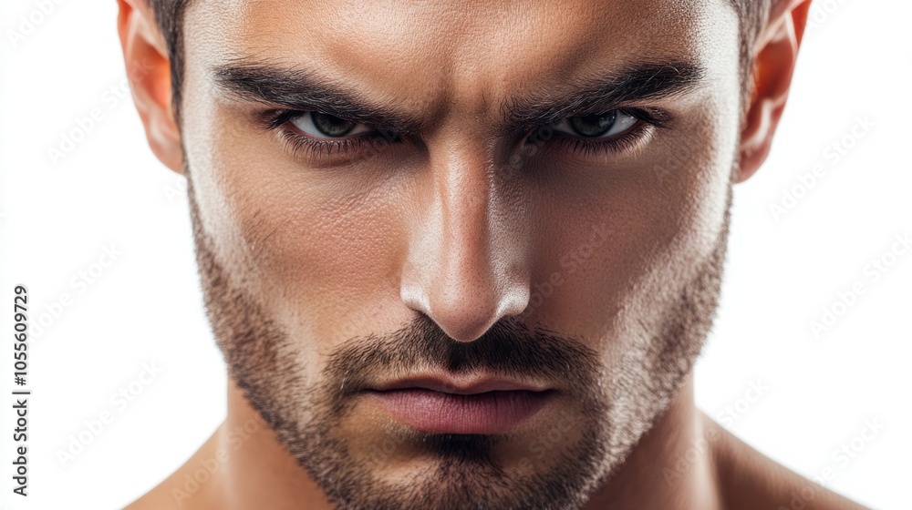 Close-up of a man with a sharp jawline, clean-shaven, and intense gaze, appearing serious and professional, isolated on white Close-up of a man with a sharp jawline, clean-shaven, and intense gaze, appearing serious and professional, isolated on white