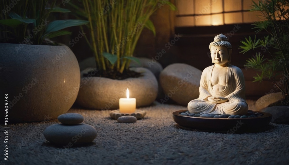 Obraz premium Buddha statue in a peaceful zen garden with candlelight, stones, and bamboo in the background