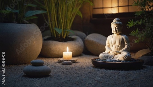 Buddha statue in a peaceful zen garden with candlelight, stones, and bamboo in the background