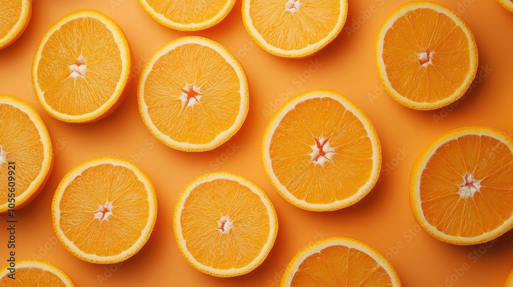 Creative arrangement of fresh orange slices on a soft orange backdrop Minimalist fruit concept with ample negative space Creative arrangement of fresh orange slices on a soft orange backdrop Minimalist fruit concept with ample negative space