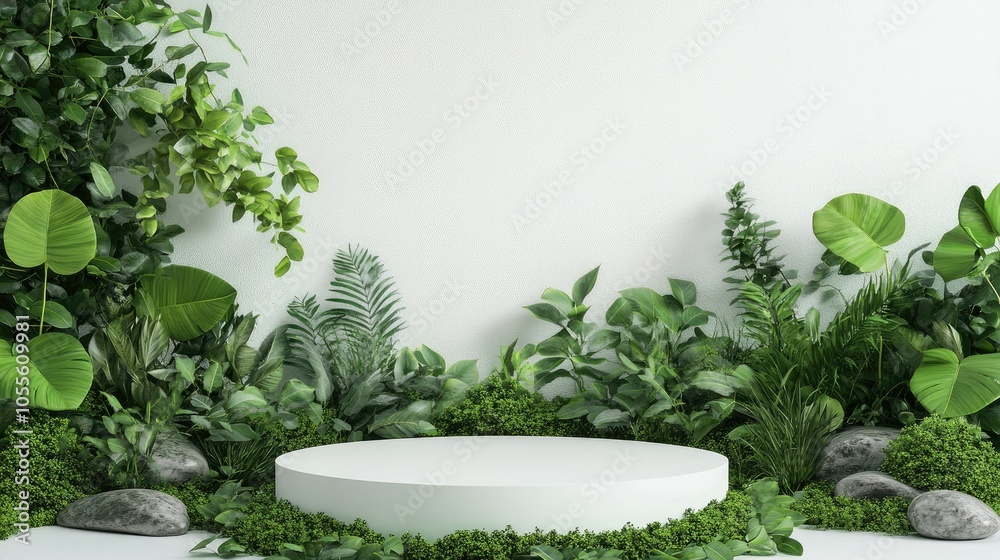 White podium with lush leafy backdrop and green stones, perfect for natural product presentation, contemporary appeal. White podium with lush leafy backdrop and green stones, perfect for natural product presentation, contemporary appeal.