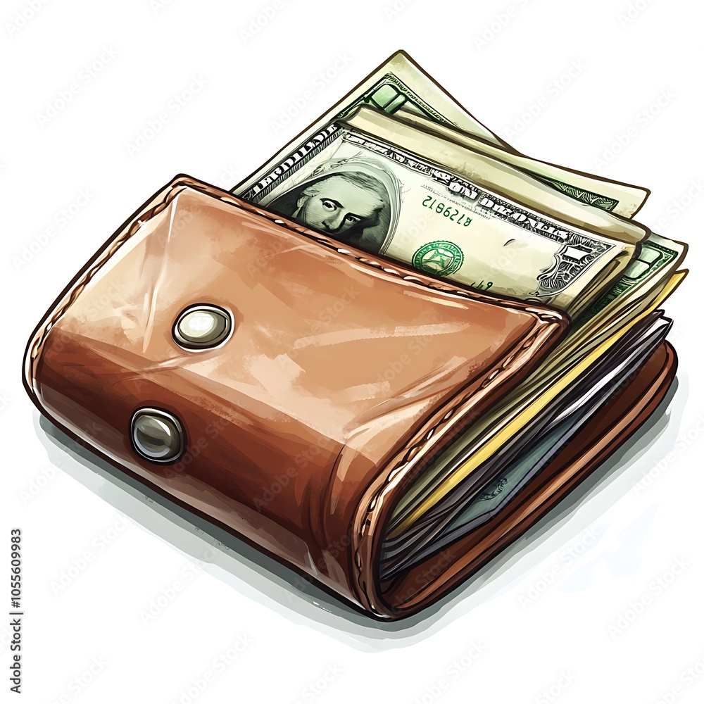 Cartoon wallet with cash bills and cards sticking out on a white background. Cartoon wallet with cash bills and cards sticking out on a white background.