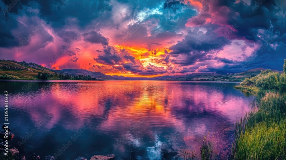 Dramatic Sunset Above Calm Lake with Stormy Clouds and a Vibrant Sky Dramatic Sunset Above Calm Lake with Stormy Clouds and a Vibrant Sky