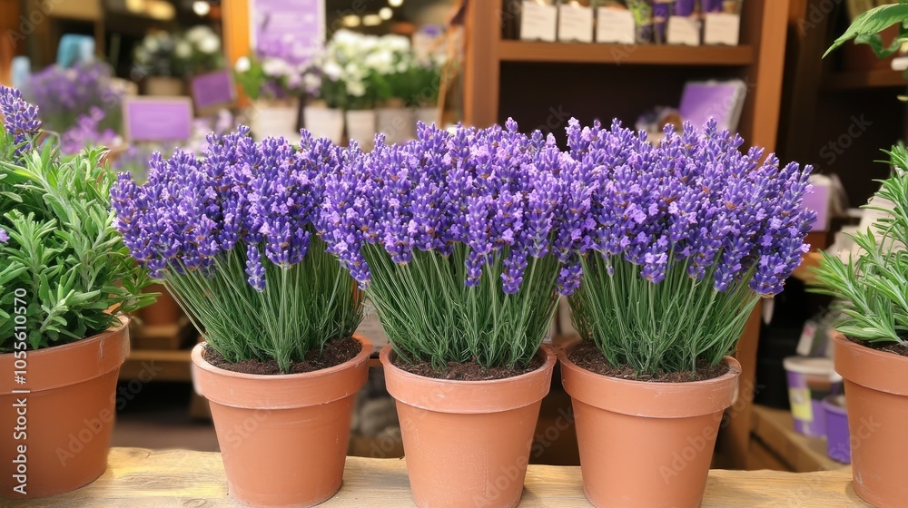 Potted lavender flowers displayed in a shop setting showcasing vibrant and fresh blooms for sale Potted lavender flowers displayed in a shop setting showcasing vibrant and fresh blooms for sale