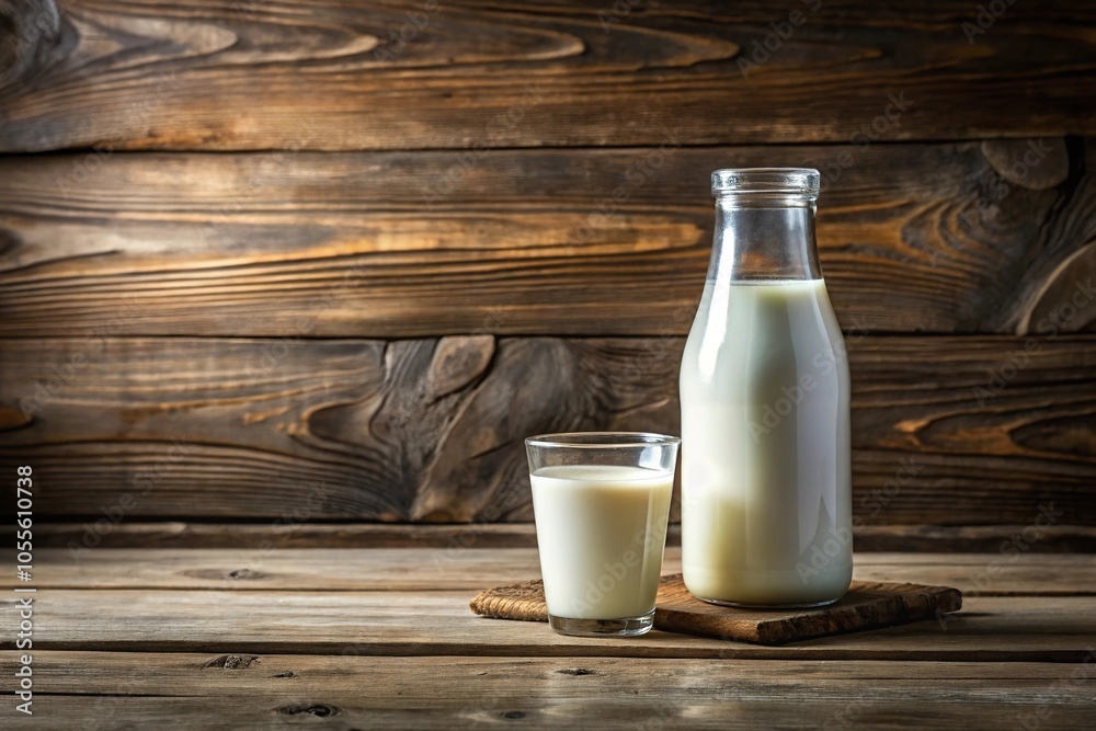 Glass of milk and bottle arranged on rustic wood Glass of milk and bottle arranged on rustic wood