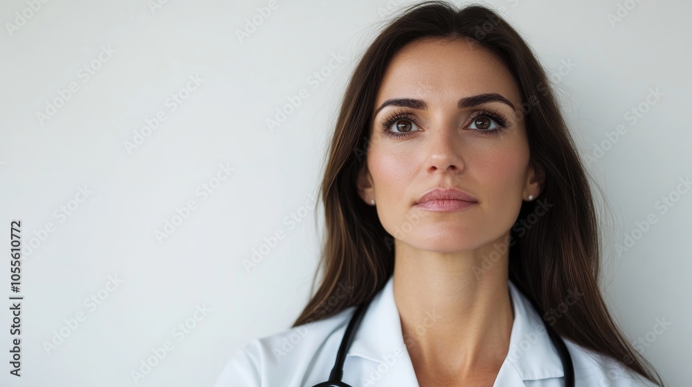 Female doctor contemplating a diagnosis against a white background Female doctor contemplating a diagnosis against a white background