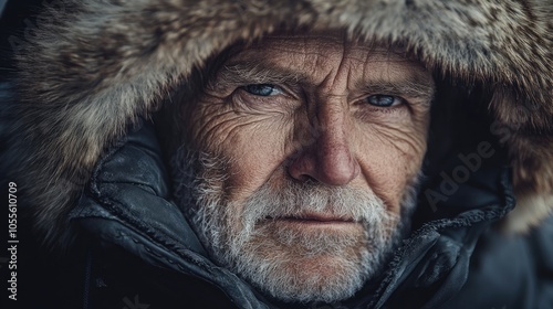 Close up portrait of a weathered elderly face looking intently from a fur trimmed hood of a warm parka expressing resilience rugged outdoor adventure and life experience