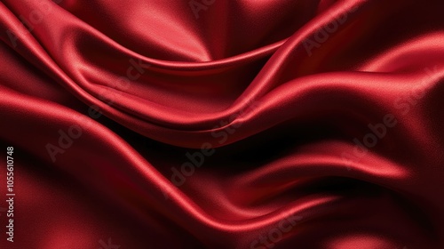 Close up of flowing folds and creases in rich red silk satin fabric emphasizing a luxurious textile texture