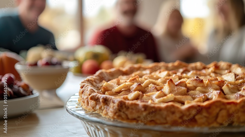 Family gathering for Thanksgiving featuring a close up of traditional apple pie and vegan dishes with joyful individuals blurred in the background Family gathering for Thanksgiving featuring a close up of traditional apple pie and vegan dishes with joyful individuals blurred in the background
