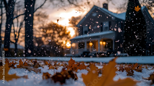 Sunset scene with first snowfall, golden maple leaves on the ground, and a blurred house in the background -