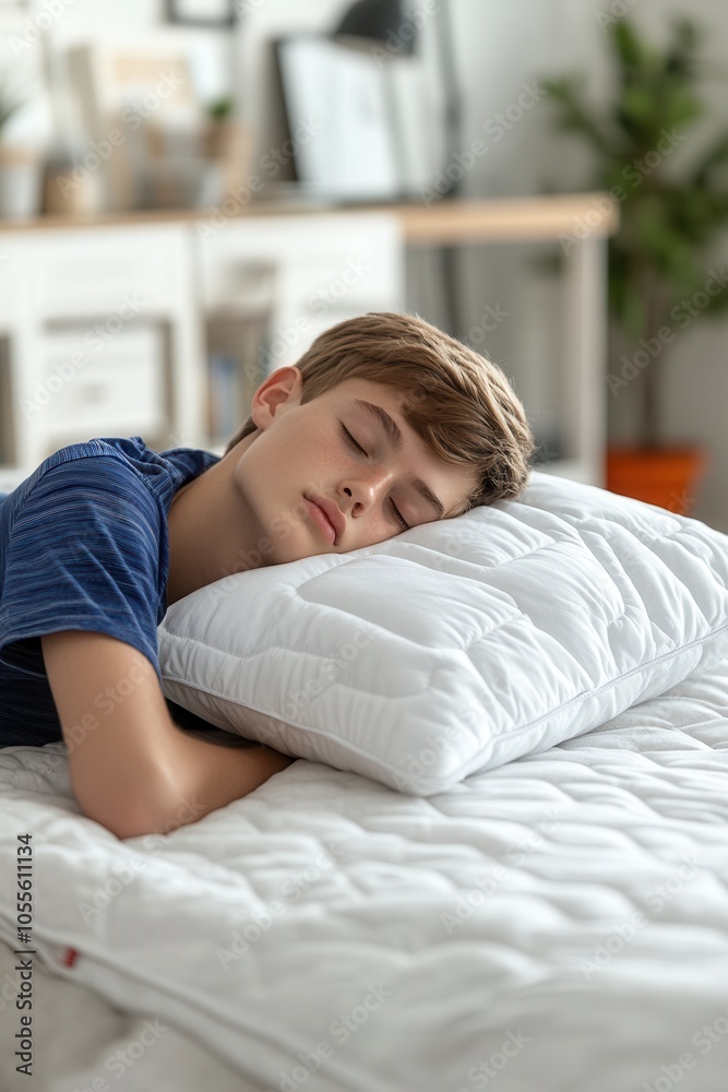 A boy rests soundly on a white pillow, with his eyes closed and a serene expression. The inviting bedroom features soft lighting and modern decor, creating a calm atmosphere perfect for relaxation. A boy rests soundly on a white pillow, with his eyes closed and a serene expression. The inviting bedroom features soft lighting and modern decor, creating a calm atmosphere perfect for relaxation.