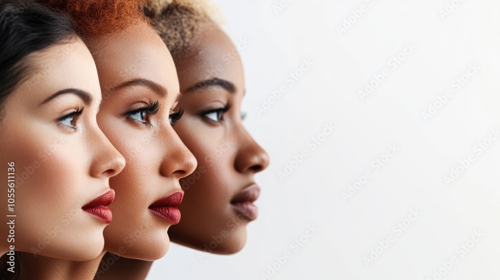 Diverse group of women with varying skin tones on a light background providing ample space for text Diverse group of women with varying skin tones on a light background providing ample space for text