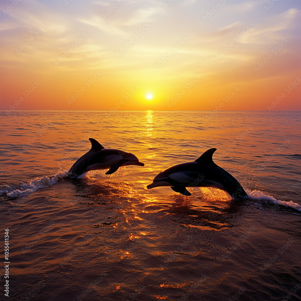 Fototapeta premium Dolphins Swimming at Sunset near the Shoreline